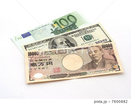 米ドル紙幣 ユーロ紙幣 一万円札の写真素材