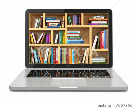 E-learning education or internet library. Laptop and books. 7607356