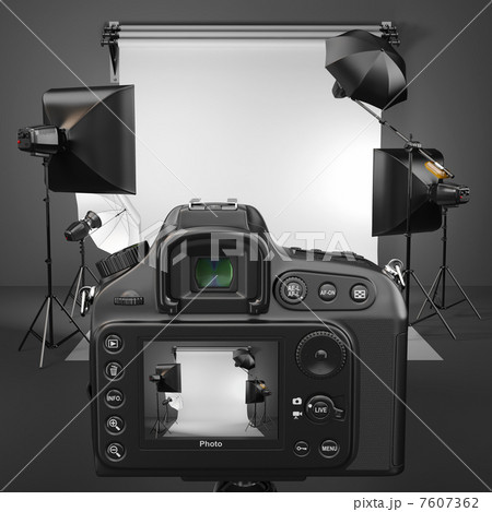 Digital photo camera in studio with softbox and flashes. 7607362