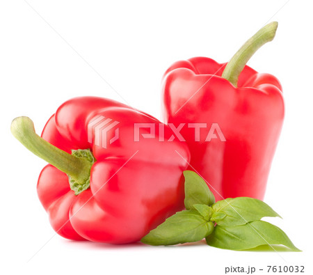 Sweet red pepper and basil leaves still life Sweet red pepper and basil leaves still life 7610032