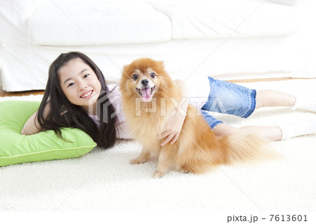 寝転がりながらポメラニアンを抱く女の子 寝転がりながらポメラニアンを抱く女の子 7613601