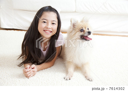ポメラニアンと寝転がって微笑む女の子 7614302