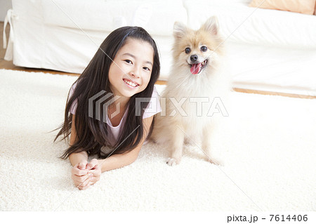 ポメラニアンと寝転がって微笑む女の子 7614406