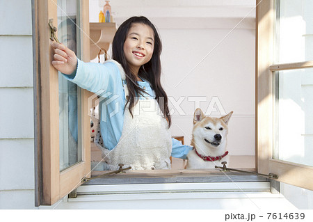 窓を開け空を見上げる柴犬と女の子 7614639