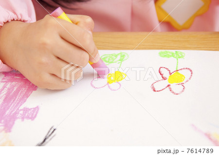 クレヨンで絵を描く幼稚園女児の手元の写真素材