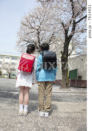 桜の下に立つ小学生男女の後ろ姿 7614931