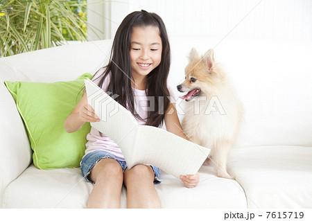 本を見るポメラニアンと女の子 本を見るポメラニアンと女の子 7615719