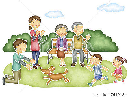 公園で遊ぶ6人家族のイラスト素材