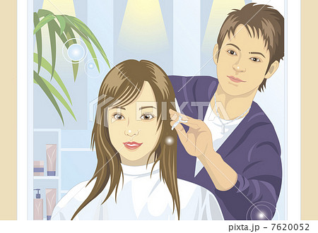 美容院で髪を切っている女性のイラスト素材