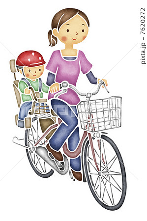 子どもを乗せて自転車に乗るママのイラスト素材