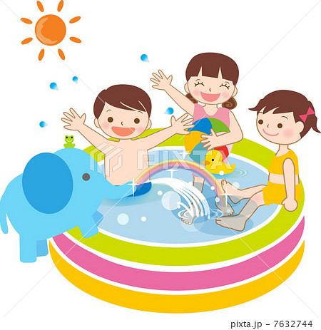 夏 プールで遊ぶ子ども ビニールプールのイラスト素材