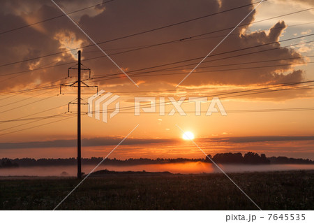 Power line, fog and sunset Power line, fog and sunset 7645535