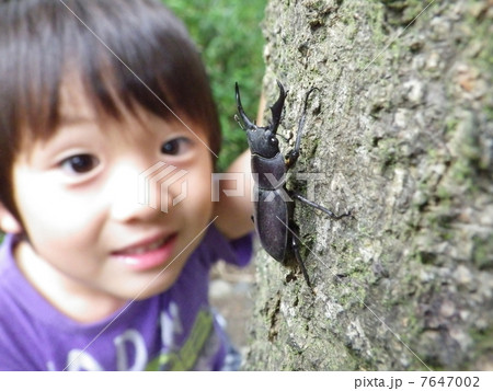 クワガタ虫と子供の写真素材