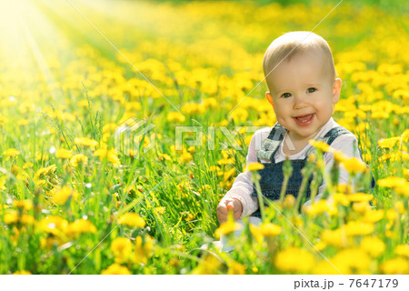 happy baby girl on meadow with yellow flowers on the nature happy baby girl on meadow with yellow flowers on the nature 7647179
