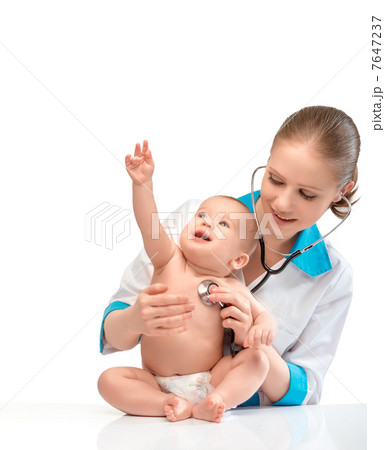 baby and doctor pediatrician. doctor listens to the heart with s 7647237