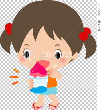 かき氷を食べる小さい女の子のイラスト素材