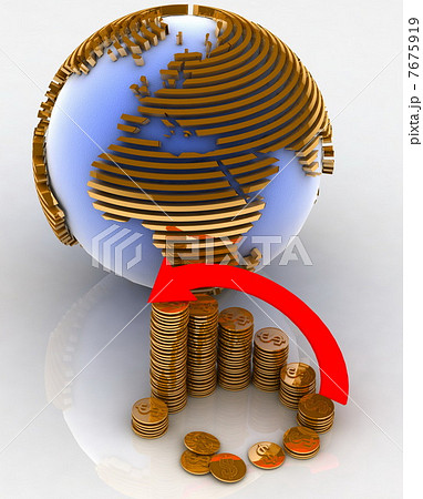 3d diagram of golden coins with a arrow on a background a globe 3d diagram of golden coins with a arrow on a background a globe 7675919