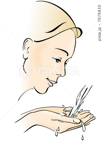 Pretty woman washing her face. Water, cupped hands. 7676830