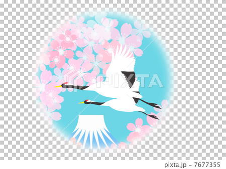 鶴と桜と富士山のイラスト素材