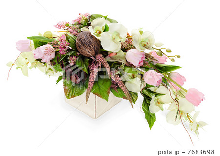 abstract composition from orchids, tulips,coconut, rocks and vin 7683698