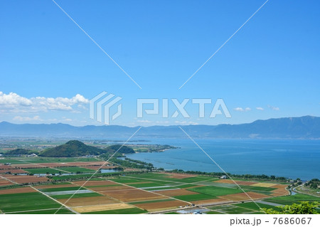 初夏の琵琶湖岸の風景と水田地帯の俯瞰 7686067