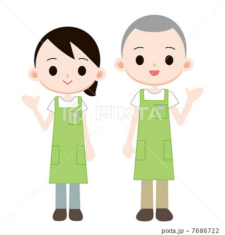 緑のエプロンの店員 男女 7686722