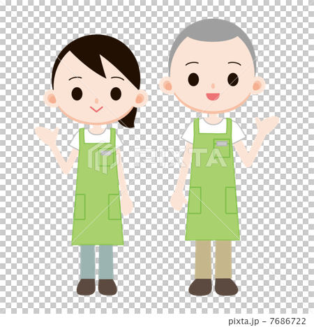 緑のエプロンの店員 男女 7686722