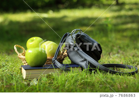 Book, apples and bag on green grass Book, apples and bag on green grass 7686863