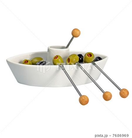 plate with olives. green olives, stuffed with red peppers and  b 7686969