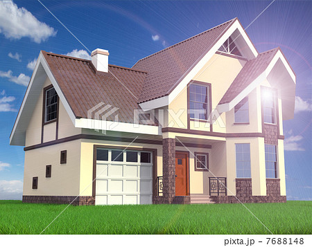 Modern family suburban home on grass and sky background. 7688148
