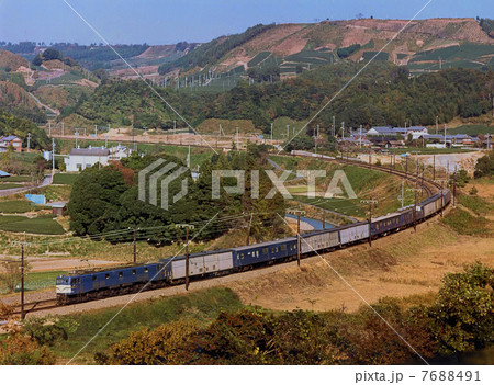 鉄道　EF58 機関車　荷物列車　東海道本線　菊川~掛川　カーブ　茶畑　俯瞰　1983年　11月23 7688491