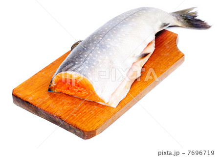 Salmon sliced on  cutting board, isolated on white background 7696719