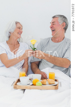 Mature man giving wife a yellow rose 7701072