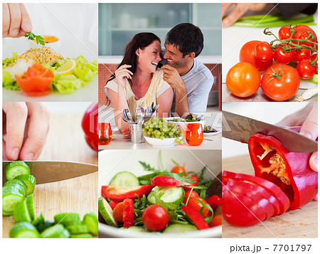 Collage of couple eating healthy salad Collage of couple eating healthy salad 7701797
