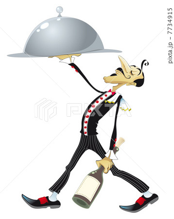 Funny waiter with a bottle of wine and a dish. 7734915
