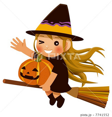 ほうきで空を飛ぶハロウィンの女の子とかぼちゃのイラスト素材