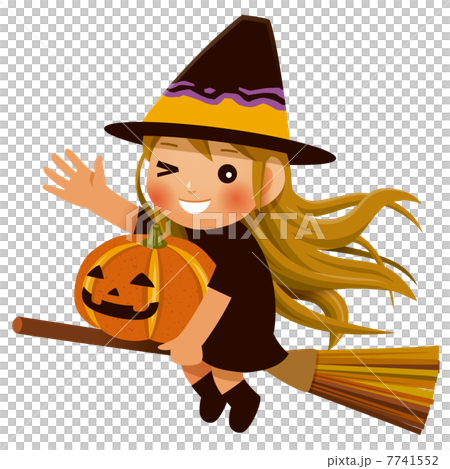 ほうきで空を飛ぶハロウィンの女の子とかぼちゃのイラスト素材