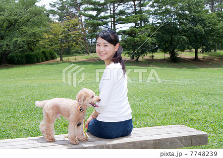 公園 ベンチに座る女性とペット 後ろ姿の写真素材