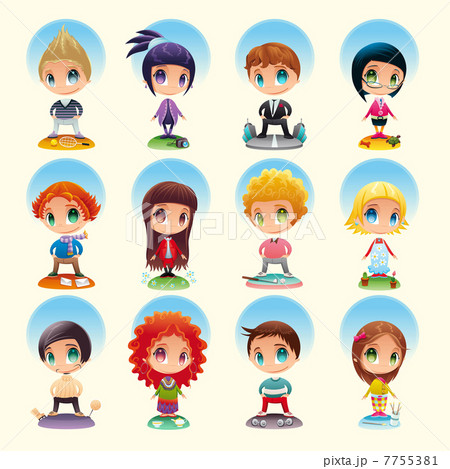 Set of funny people with characteristic objects. 7755381