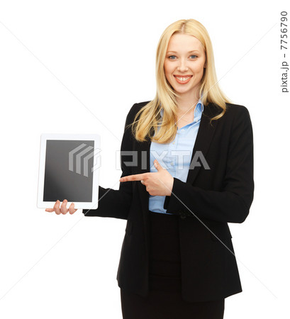 smiling woman with tablet pc in office 7756790