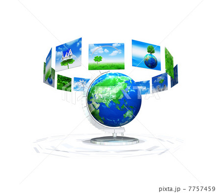 地球儀を取り囲むエコなボードの展示 7757459
