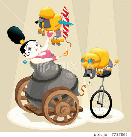 Woman with cannon and dachshunds in the circus. 7757865