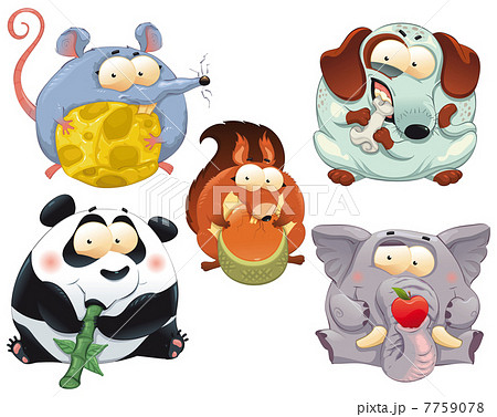 group of funny animals with food のイラスト素材 7759078 pixta