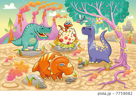 Group of funny dinosaurs in a prehistoric landscape. 7759082