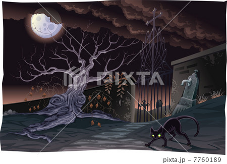 Black cat and cemetery in the night. 7760189