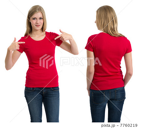 Female with blank red shirt and long hair 7760219