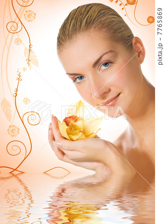 Beautiful girl with orchid flower in rendered water Beautiful girl with orchid flower in rendered water 7765869