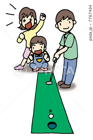 家族旅行でパターゴルフをする若いお父さんのイラスト素材