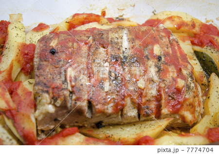 Food - Pork steak with baked potatoes - Close up 7774704