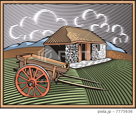 Vector illustration of a farm, surrounded by fields and mountains, done in retro woodcut style. Vector illustration of a farm, surrounded by fields and mountains, done in retro woodcut style. 7775636